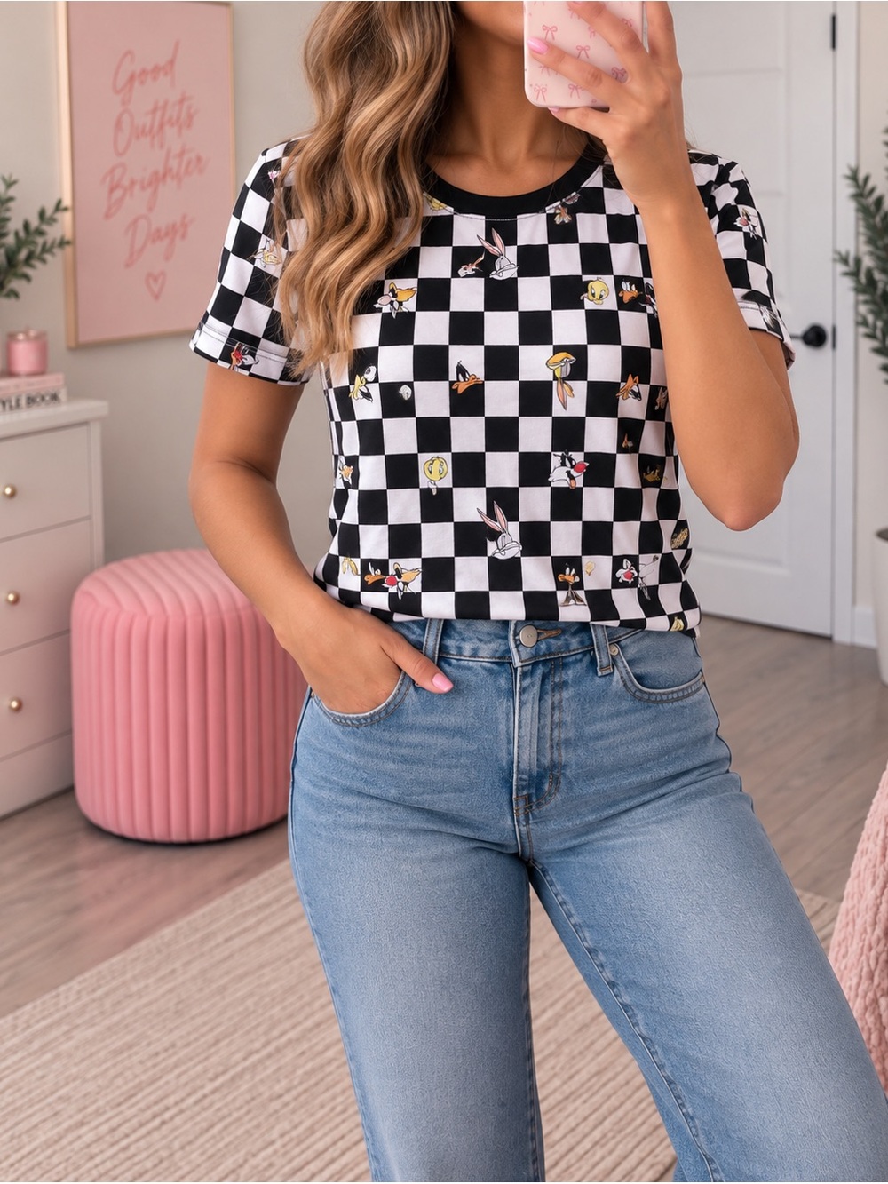Looney Tunes Black & White Checkerboard Graphic Tee Size S